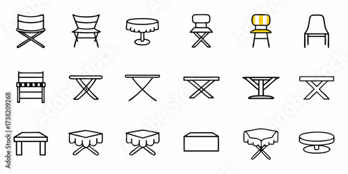 Collection of modern and classic portable chairs and tables for outdoor events, picnics, and casual gatherings, offering versatile seating and surface solutions.