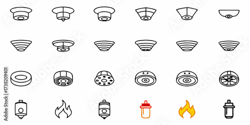 Collection of modern icons representing fire safety devices like smoke detectors, alarms, and fire symbols for security and prevention designs, offering clear visual communication.