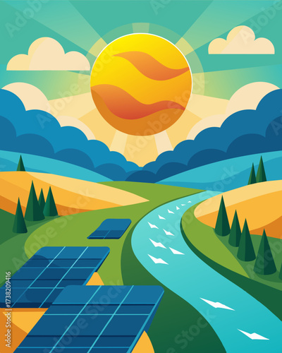 A stunning view of a river dotted with solar panels as the sun shines down on them producing clean energy for nearby communities.. Vector illustration