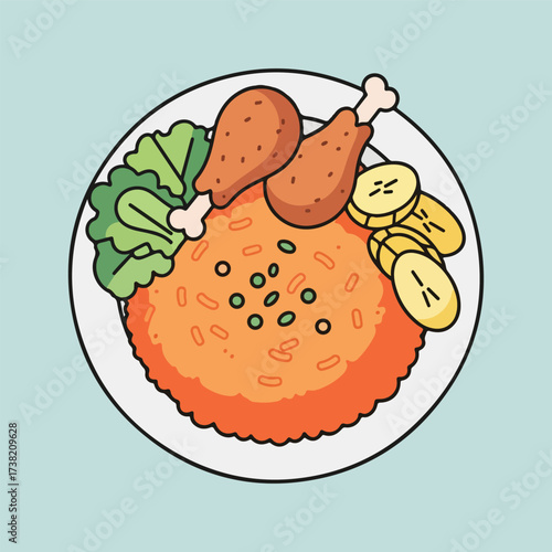Illustration of Jollof Rice, Chicken and Plantain Dish