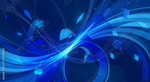 A dynamic abstract design showcases swirling, luminous blue shapes and lines, creating a futuristic and energetic visual experience.