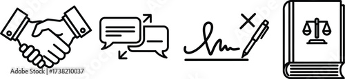 Vector art of handshake, speech bubbles, signature, and law book