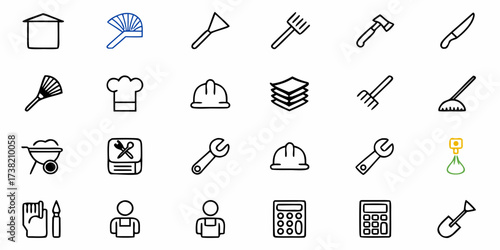 Diverse collection of simple icons representing tools, professions, and essential items for various industries and everyday tasks, offering versatile design elements.