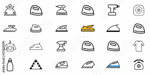 Discover a collection of essential household icons showcasing irons, spray bottles, and clothing for seamless laundry and cleaning service branding and design projects