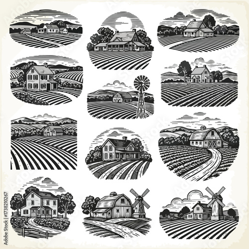 Vector art of monochrome rural landscape illustrations showcasing idyllic farm scenes with fields, houses, and windmills, evoking a sense of tranquility and rustic charm