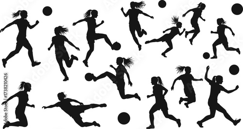 Women soccer players silhouette collection, football sport action, running, kicking ball, jumping, training, competition, teamwork, athletic movement, female athlete illustration