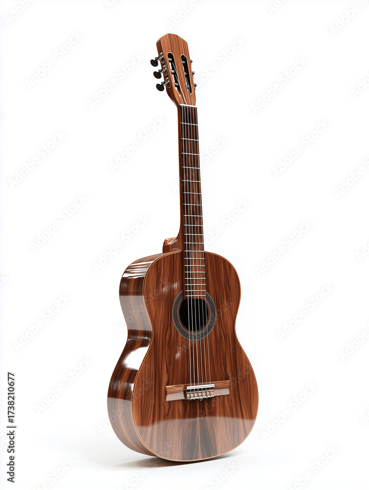Fototapeta premium Exquisitely crafted wooden acoustic guitar standing vertically on a pure white background, showcasing its glossy finish and classic stringed instrument design, ideal for themes of music, performance