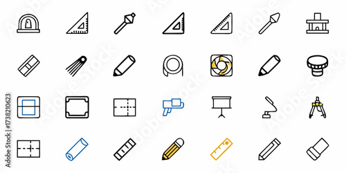 Discover essential drafting and design tools including compasses, rulers, pencils, erasers, tape, and more for creative projects and technical drawings.