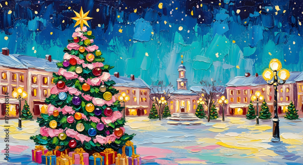 Obraz premium Vibrant Impasto Painting of a Christmas Tree with Ornaments and Gifts in Festive Town Square Under Starry Winter Sky | Perfect Wall Art, Frame TV & Holiday Background