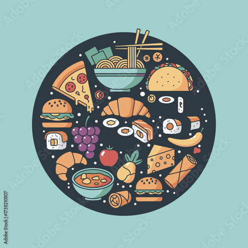Assorted Food Icon Set, Pizza, Sushi, Taco, Ramen