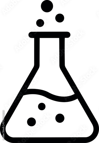 Vector illustration of a conical flask with liquid and bubbles in black on transparent background