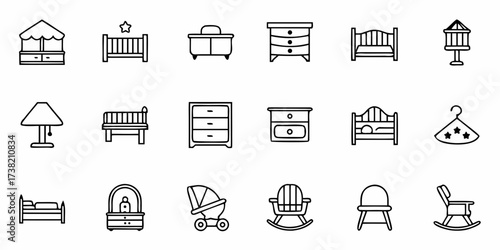 Charming nursery furniture icons including cribs, beds, dressers, strollers, rocking chairs, and a playful clothes hanger, perfect for baby websites and parenting blogs.