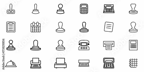 Collection of classic office icons including stamps calculators typewriters telephones printers and calendars perfect for modern business and administrative themes