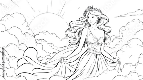 Enchanting Celestial Princess Attire: Charming Girl Cartoon Illustration