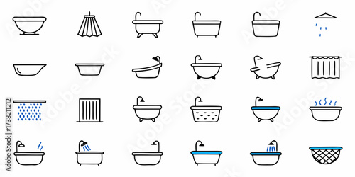 Collection of modern bathroom icons featuring various bathtubs, showers, and bath accessories for clean, fresh, and relaxing home design projects