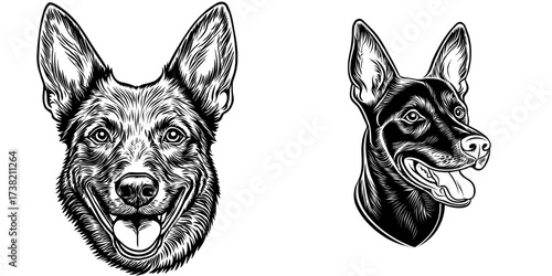 Modern illustration of a black and white dog head featuring a clean design and isolated pet silhouette