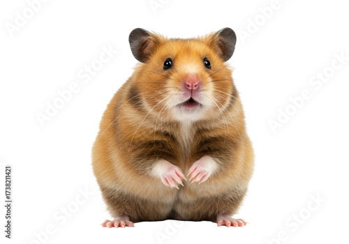 Isolated Golden Hamster Facing Camera, Small Rodent with Paws Raised, Cute Animal Portrait
