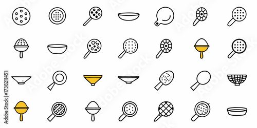 Delightful collection of kitchen sieves, strainers, and bowls in a charming, minimalist icon set perfect for culinary websites and recipe apps