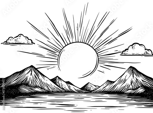 A mountain's silhouette in black and white is set against a sun backdrop