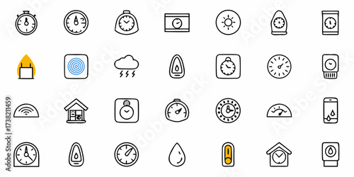 Discover a collection of charming hand-drawn icons representing time, weather, and smart home devices perfect for modern digital projects and intuitive interfaces.