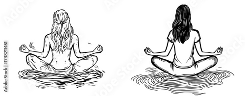 A woman in a lotus pose is silhouetted against calm water as she meditates
