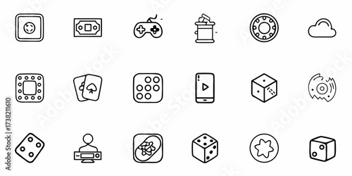 Discover dynamic icons representing games, luck, and digital entertainment, perfect for modern design projects seeking a playful yet professional edge, instantly adding vibrant visual interest.