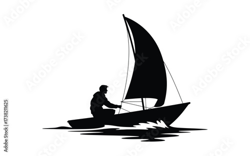 Minimalist silhouette of a person sailing a small sailboat on water