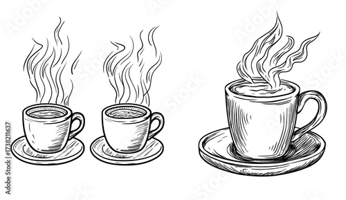 Silhouetted in black, an icon of a steaming coffee cup placed on a saucer is visible