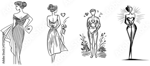 A minimalist design featuring an abstract silhouette figure with a heart symbol