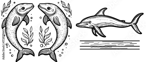 A dolphin in a black silhouette is jumping, perfect for designs with a marine theme