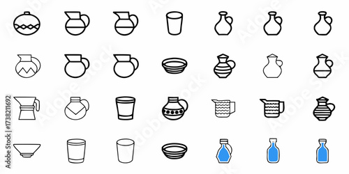 Elegant line art collection featuring diverse pitchers, vases, glasses, and bowls, perfect for culinary, beverage, or design projects, offering versatile visual elements.