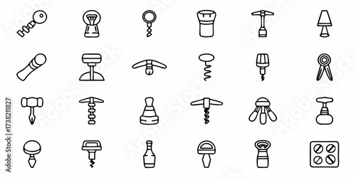 Collection of essential bar tools and kitchen gadgets including corkscrews bottle openers and more presented in a clean outline style perfect for menus and design projects