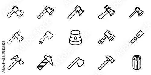 Collection of professional outline icons depicting various axes and woodcutting tools, perfect for industry and crafting projects