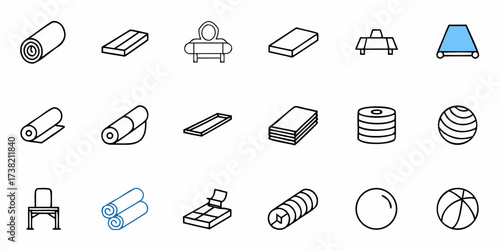 Diverse collection of fitness and wellness equipment icons including yoga mats, weights, exercise balls, and gym accessories, perfect for health and sports design projects.