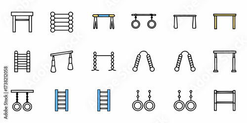 Diverse collection of gym equipment icons representing strength training and fitness activities for active lifestyles and sports themes