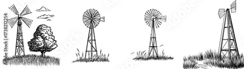An illustration of a traditional windmill is depicted in silhouette form with accents of grass