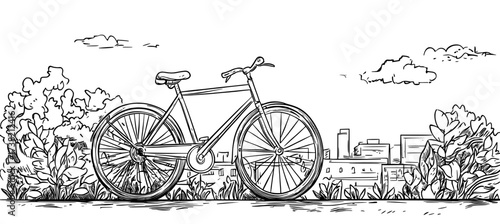 An urban cityscape serves as the background for a minimalist illustration of a bicycle silhouette