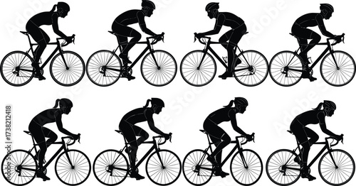 Silhouette of cyclists riding road bicycles, professional biking athletes training outdoors, group cycling illustration, sports exercise, competitive endurance race design