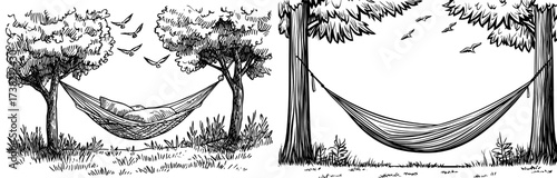 Between two trees and over the water, a hammock forms a silhouette as birds fly around it