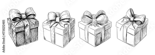 A hand-drawn icon of a gift box, adorned with a bow and ribbon, serves as a decorative outline element for presents