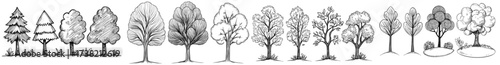 An assortment of silhouettes featuring black trees with diverse artistic patterns