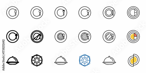 Professional collection of modern icons representing dining plates cutlery food service and meal planning for culinary presentations and restaurant branding