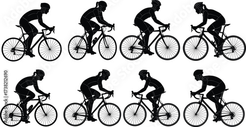 Silhouette of cyclists riding bicycles, professional cycling athletes training on road, group bikers illustration, fitness exercise, competitive sports endurance race design