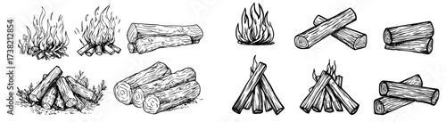 The compilation consists of various silhouette components, including trees, campfires, and branches