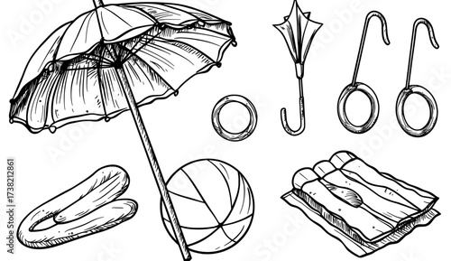 The monochrome beach icons set includes items like an umbrella, a ball, a palm tree, and inner tubes