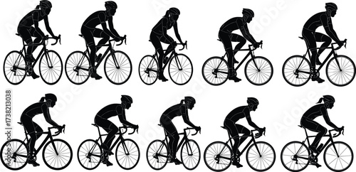 Silhouette of cyclists riding bicycles, professional road cycling athletes training, group of bikers illustration, sports fitness exercise, endurance competition design