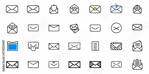 Essential communication icons including various envelopes, messages, and notification symbols for digital and print design projects
