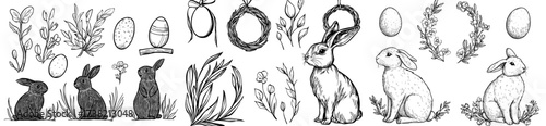 Silhouettes of rabbits in black and white are paired with Easter eggs and floral designs