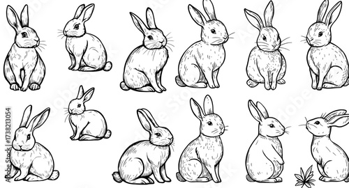 Illustrations of seven cute black bunnies are shown in silhouette in various poses