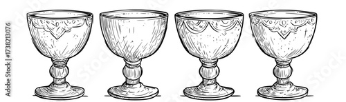 Six vintage goblets with complex designs appear in a silhouette arrangement